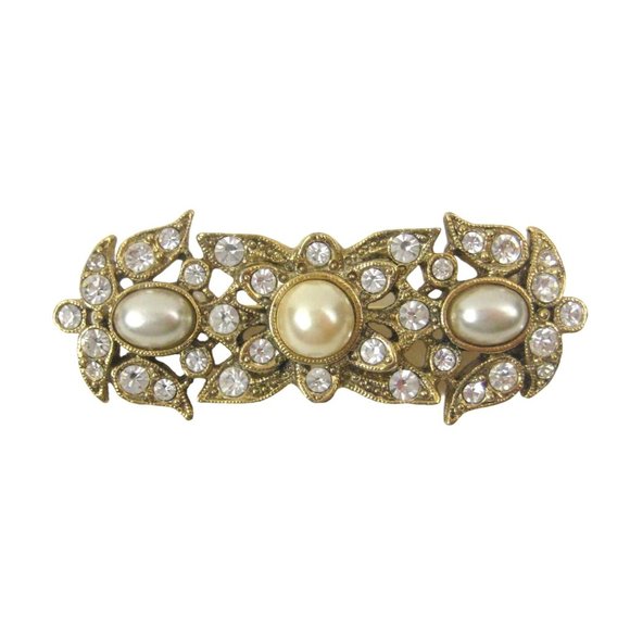 Imitation Pearl Bar Brooch 2.2 inch Pin Jewelry Goldtone Rhinestones Statement - Picture 1 of 7